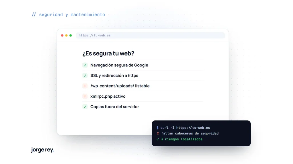 Lista de comprobaciones de seguridad de una web WordPress con varios riesgos detectados