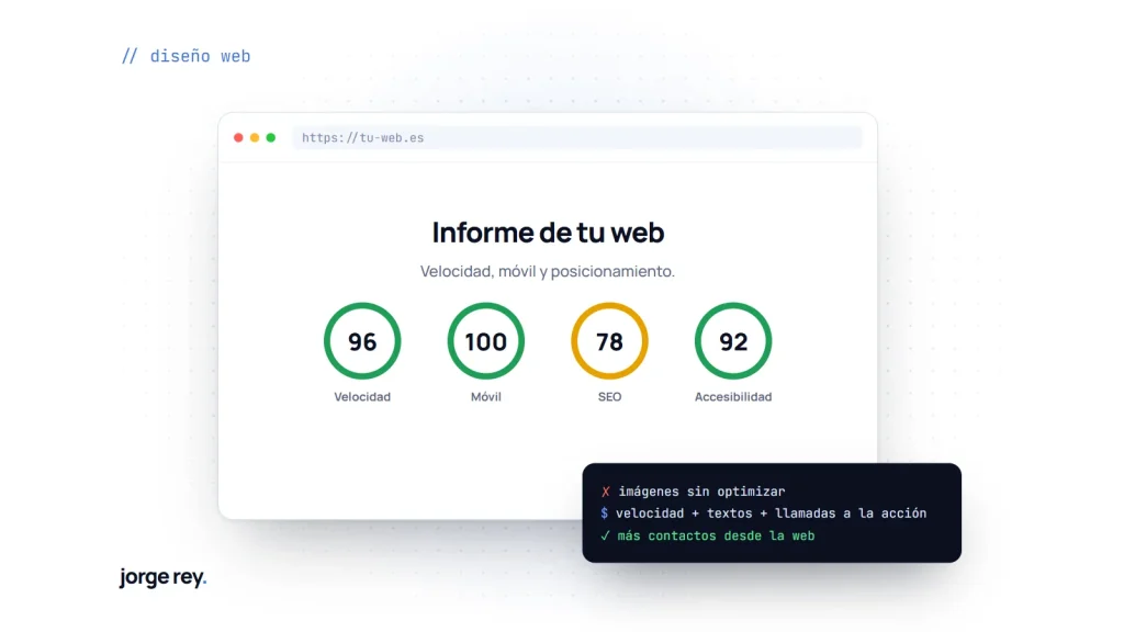 Informe de una página web con puntuaciones de velocidad, móvil, SEO y accesibilidad