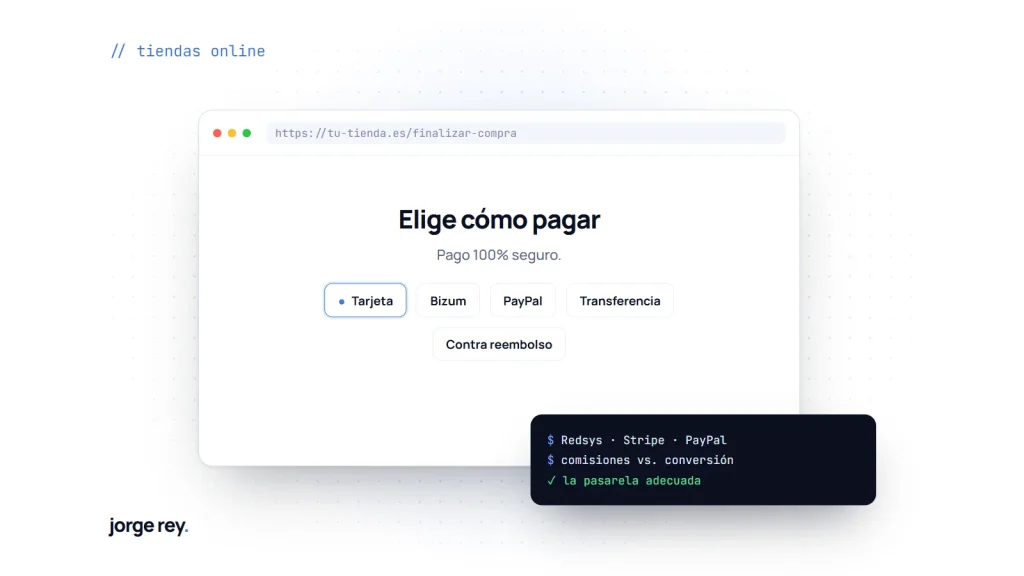 Selector de métodos de pago en el checkout de WooCommerce: tarjeta, Bizum, PayPal y transferencia