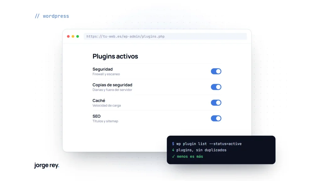 Lista de plugins activos de WordPress: seguridad, copias, caché y SEO