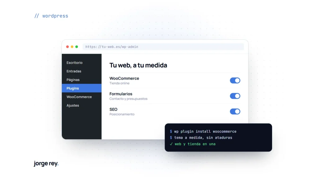 Escritorio de WordPress con WooCommerce, formularios y SEO activados