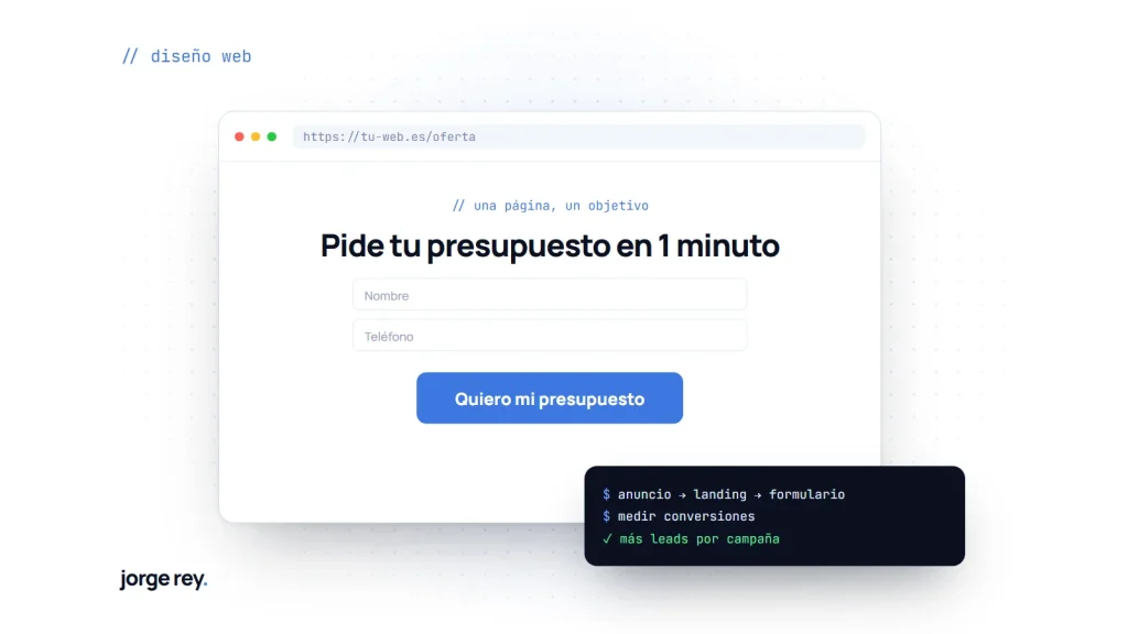 Landing page con un único formulario y botón para pedir presupuesto