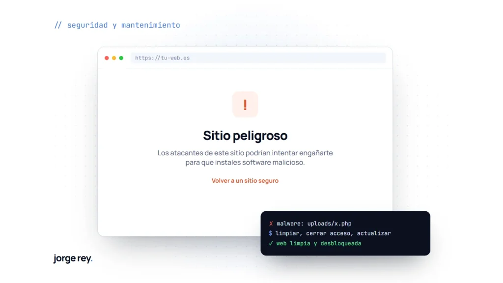 Aviso de sitio peligroso en el navegador y terminal limpiando el malware de WordPress