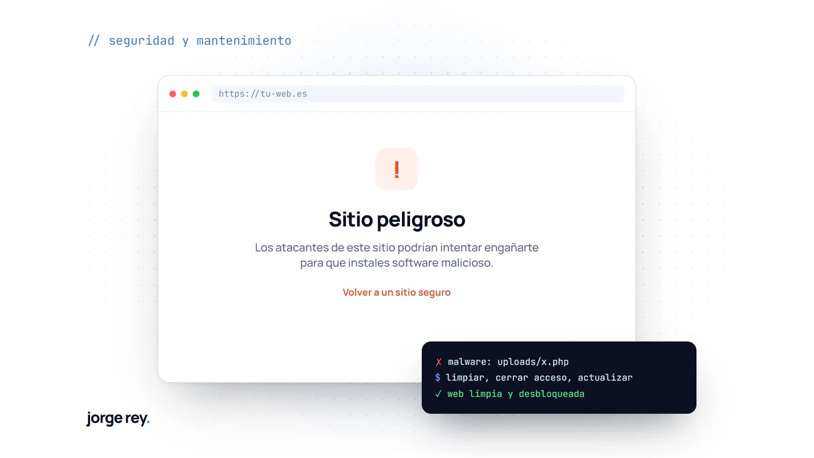 Aviso de sitio peligroso en el navegador y terminal limpiando el malware de WordPress