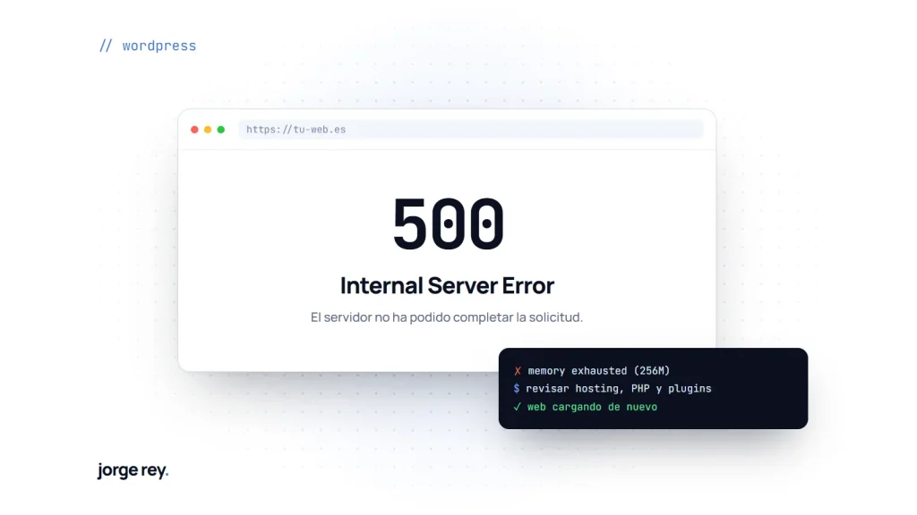 Navegador mostrando un error 500 Internal Server Error en una web WordPress